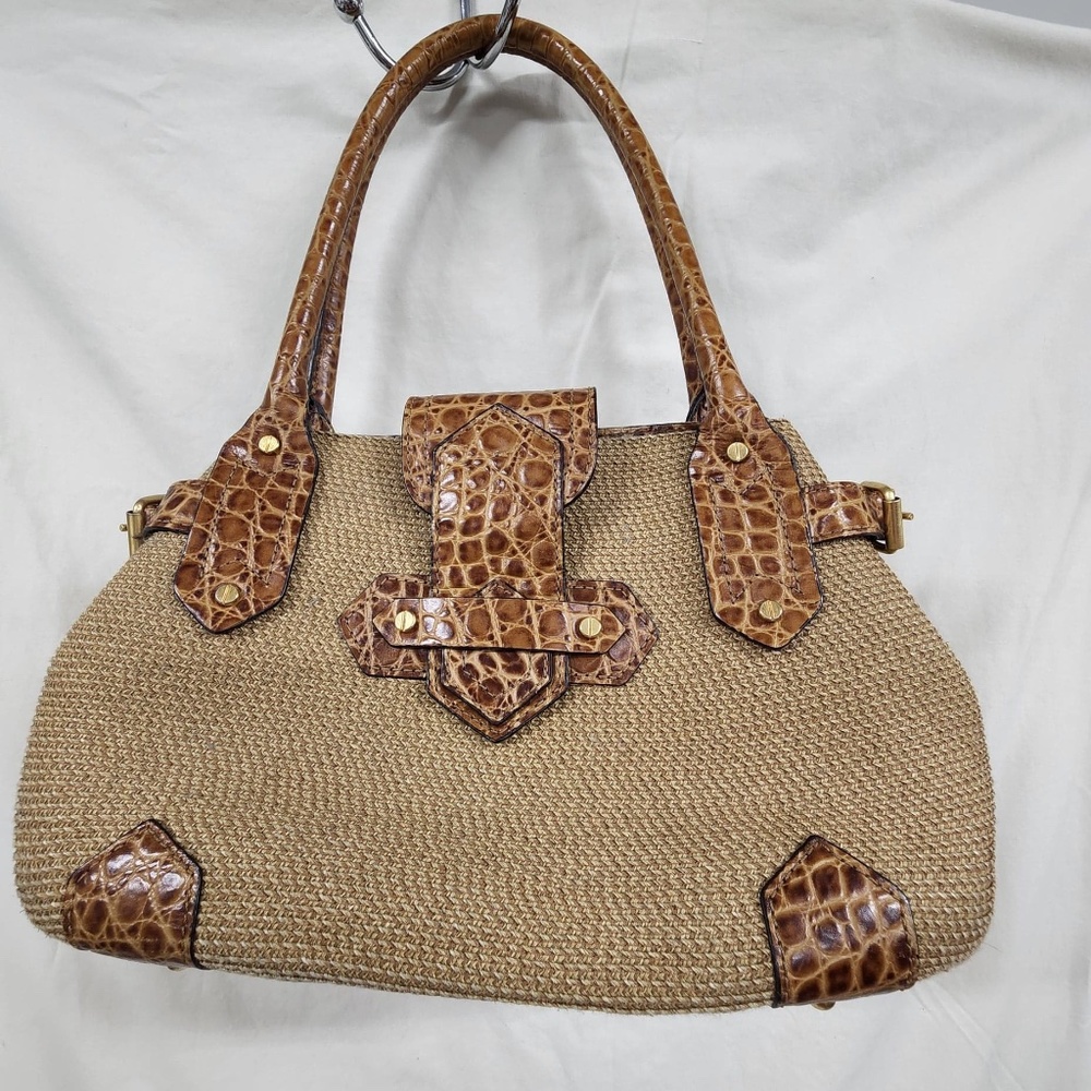 Eric Javits Straw Brown Alligator Embossed Leather Safari Handbag